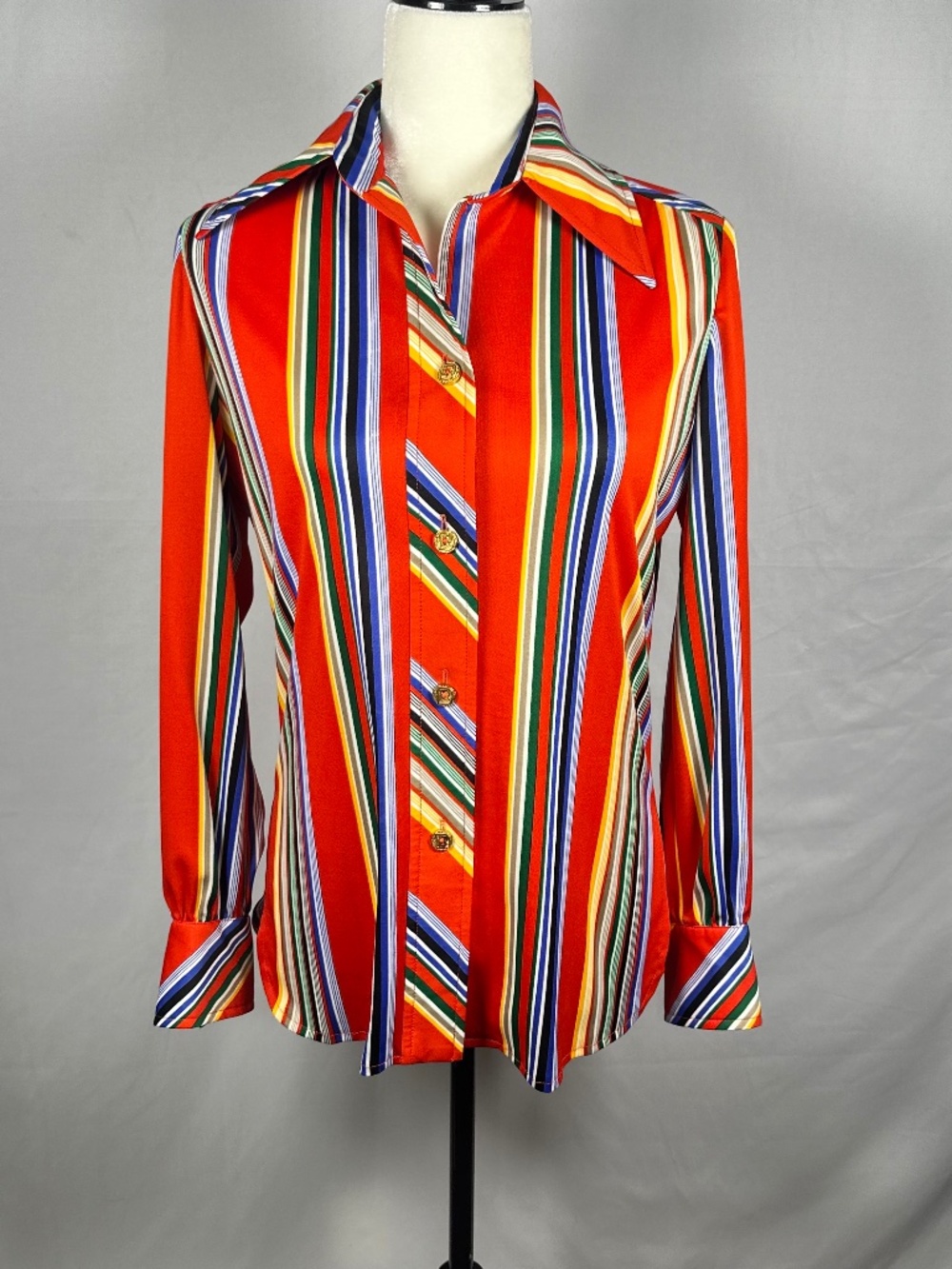 DaRue California Vintage Blouse, 1970s Retro Disco Streetwear, Rainbow Striped